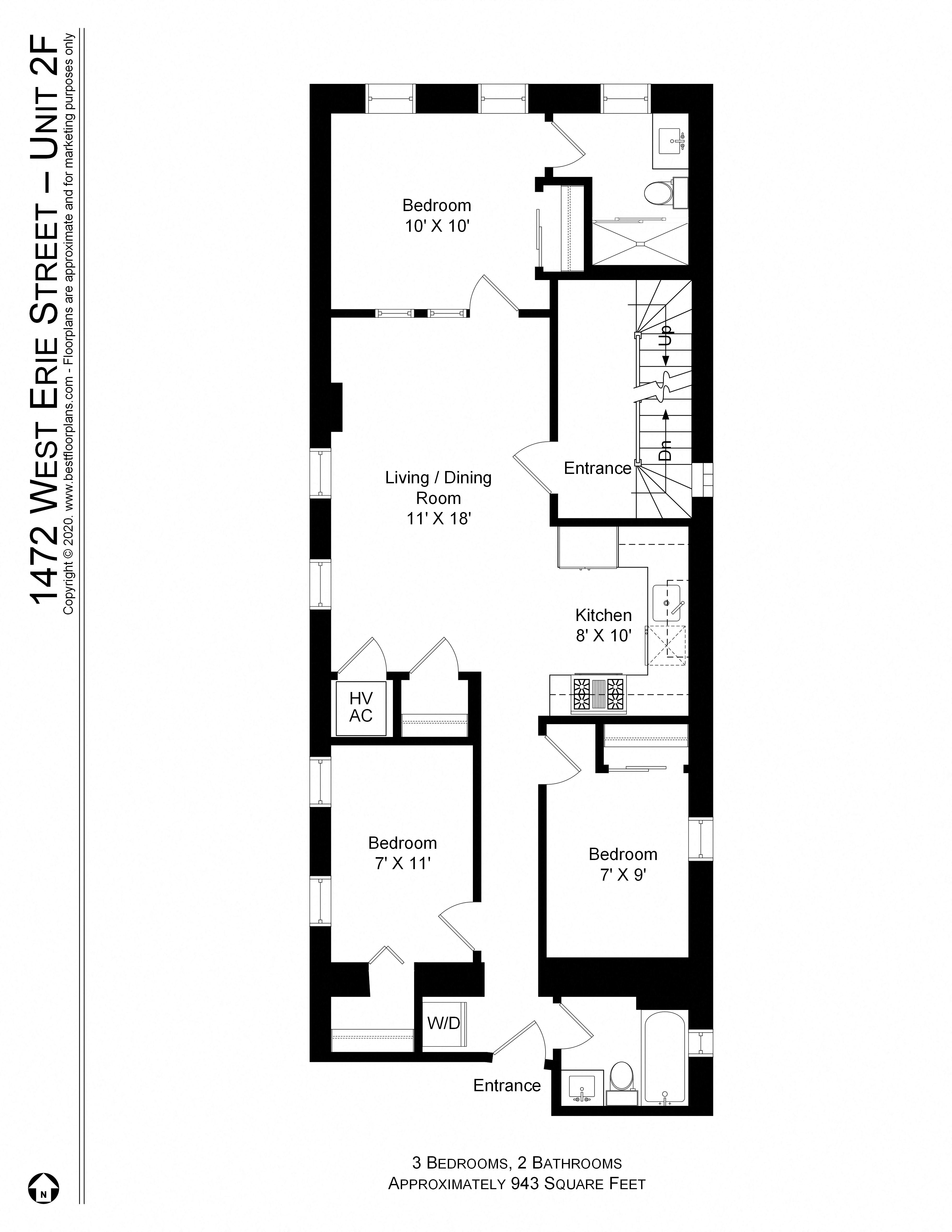 Floor plan for 2 beds, 2 baths, 900 sqft